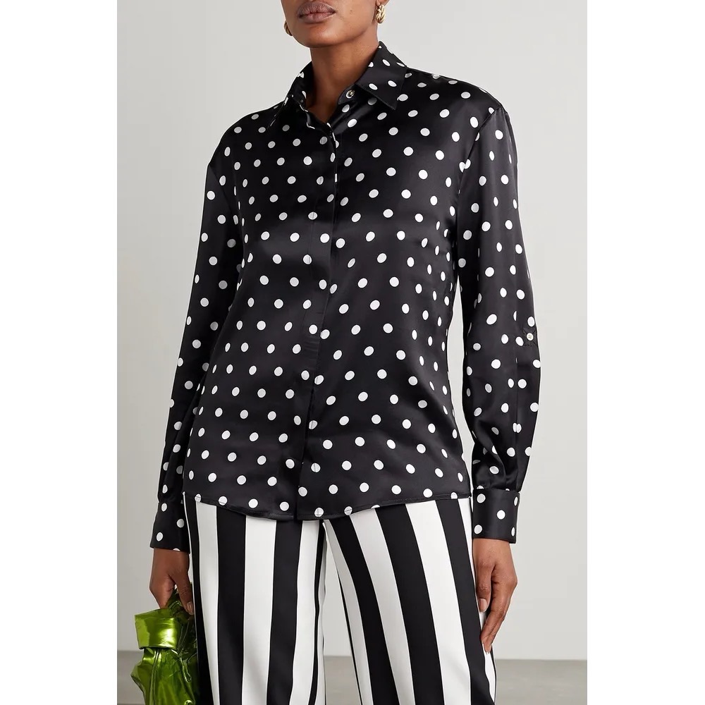 Sergio Hudson Polka Dot Silk Charmeuse Button-Up Blouse, Black/White Xl Nwt $795